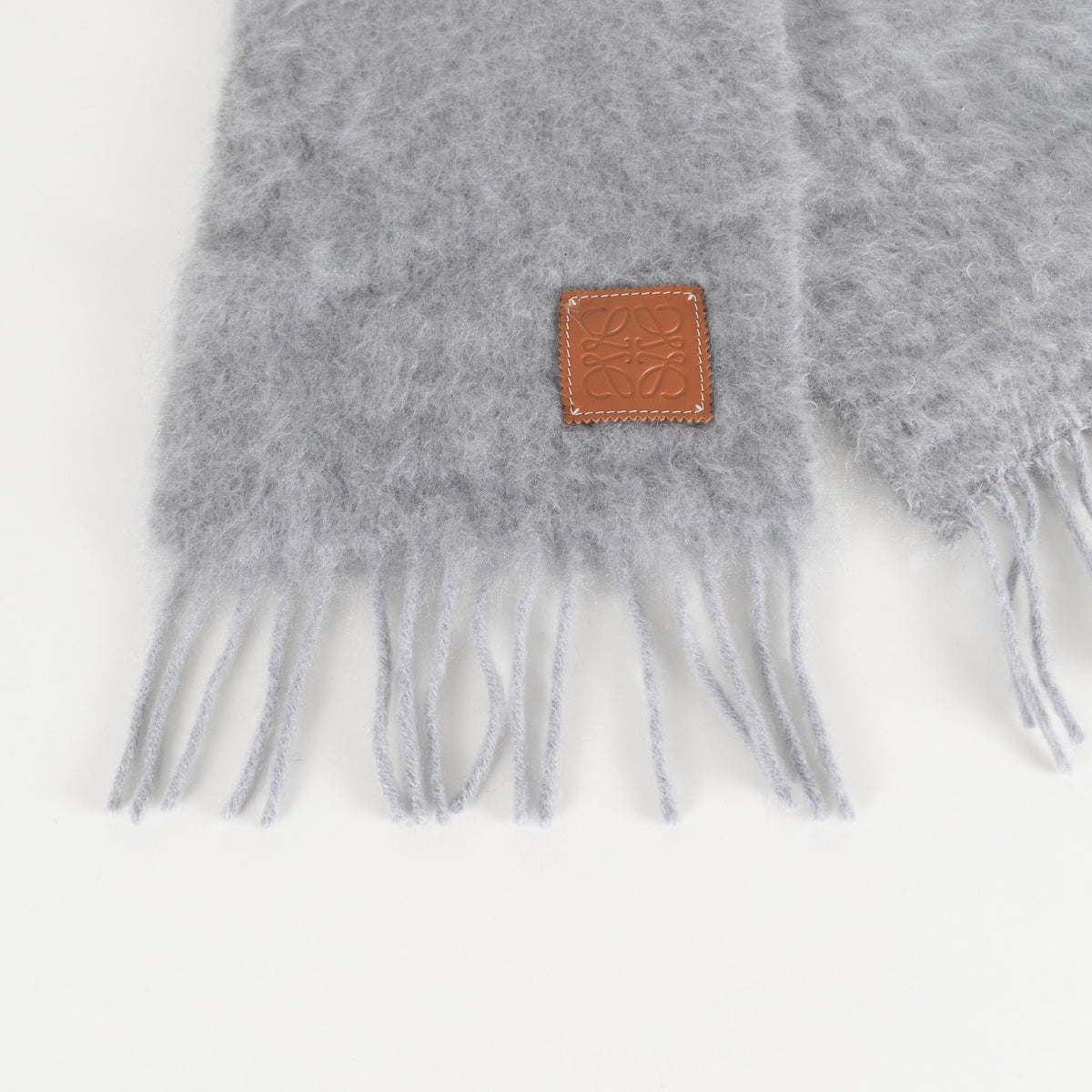 Loewe Grey Mohair Blend Leather Trim Scarf