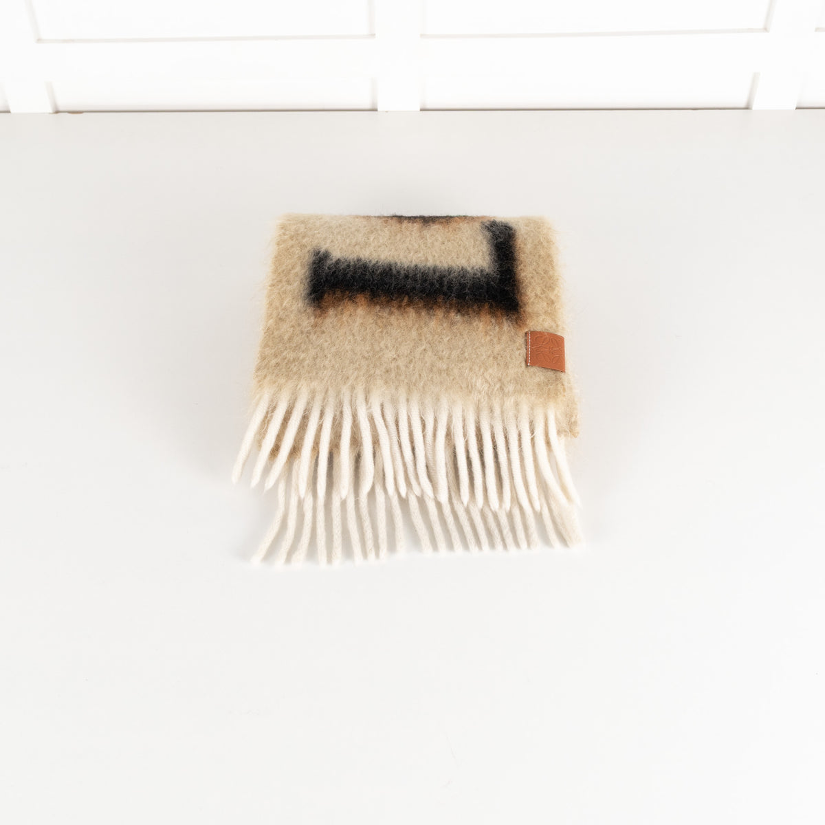 Loewe Fringed Mohair Mix Logo Print Brown Scarf