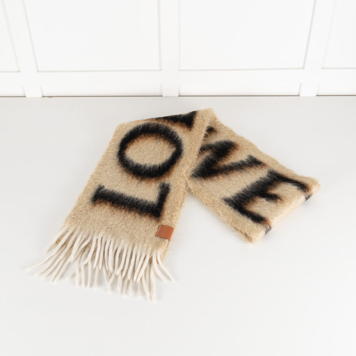 Loewe Fringed Mohair Mix Logo Print Brown Scarf