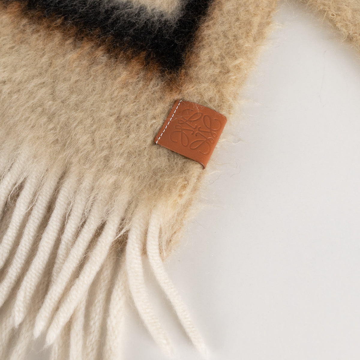 Loewe Fringed Mohair Mix Logo Print Brown Scarf