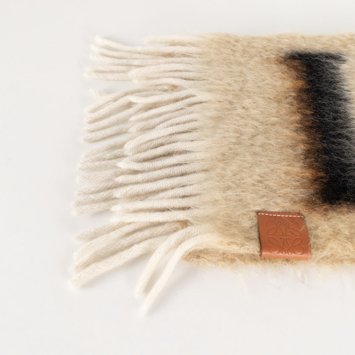 Loewe Fringed Mohair Mix Logo Print Brown Scarf