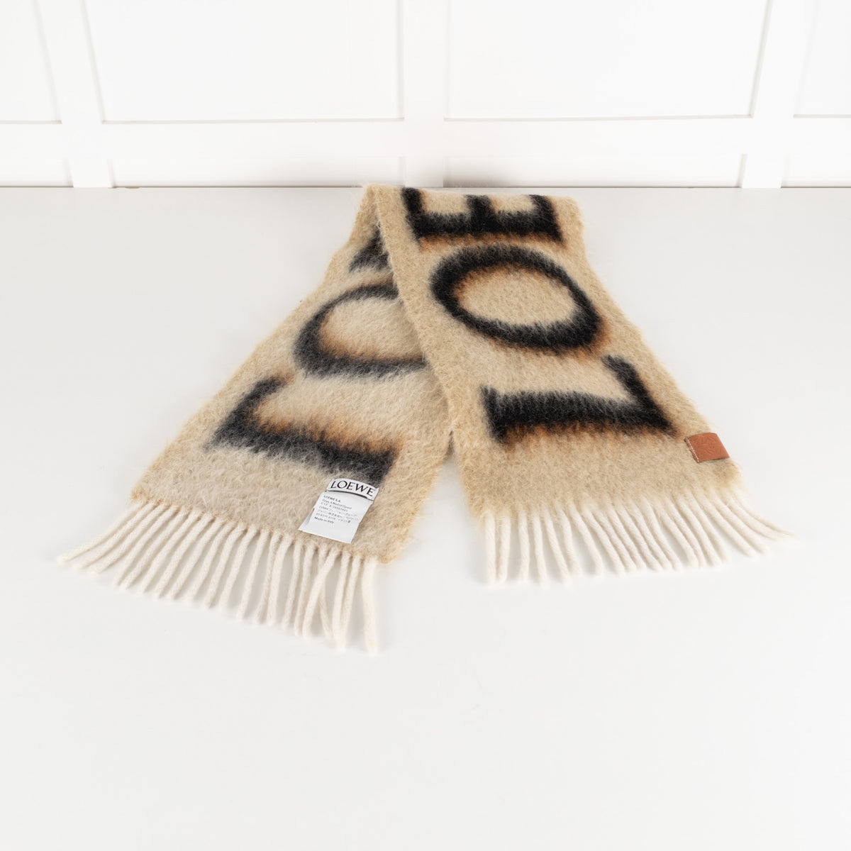 Loewe Fringed Mohair Mix Logo Print Brown Scarf
