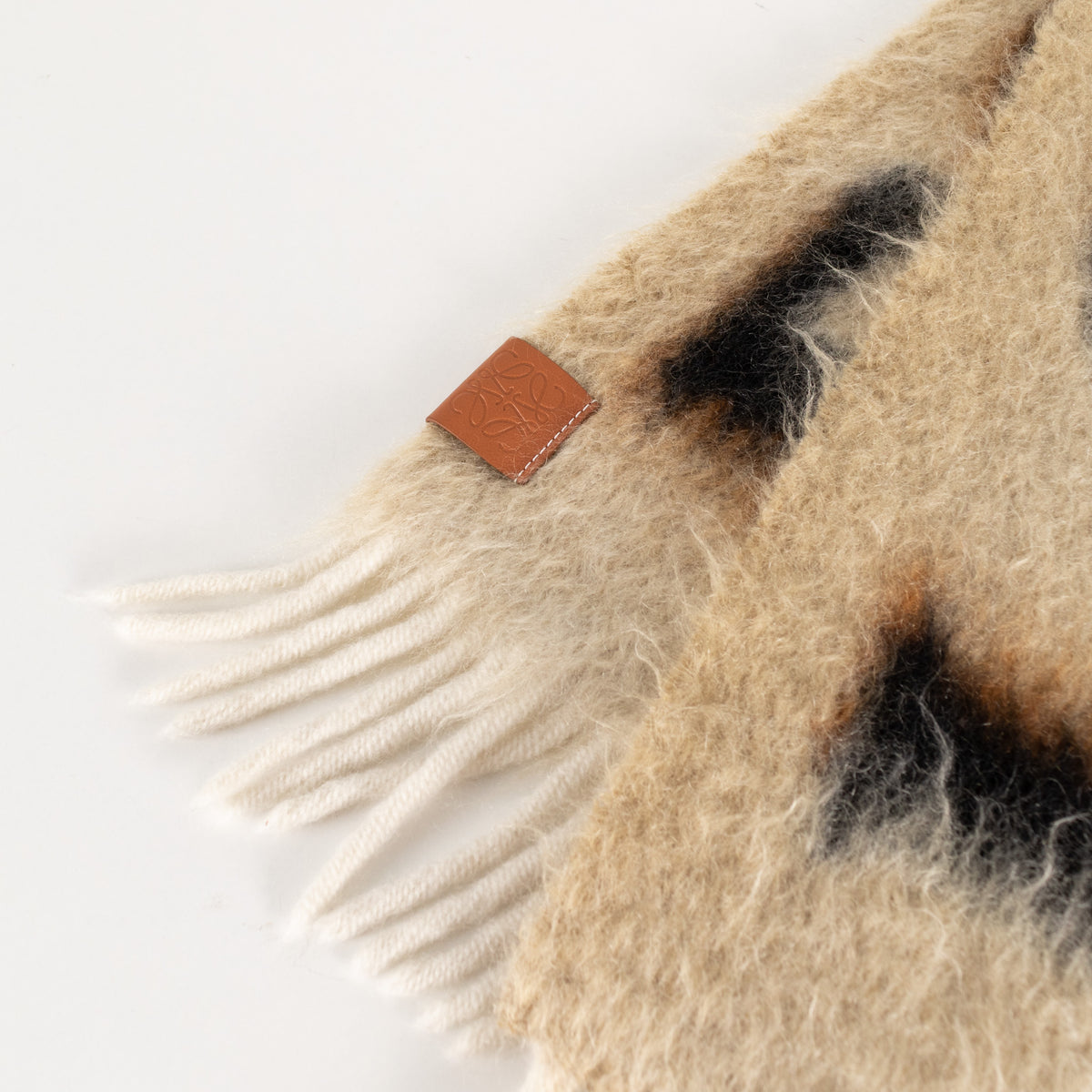 Loewe Fringed Mohair Mix Logo Print Brown Scarf