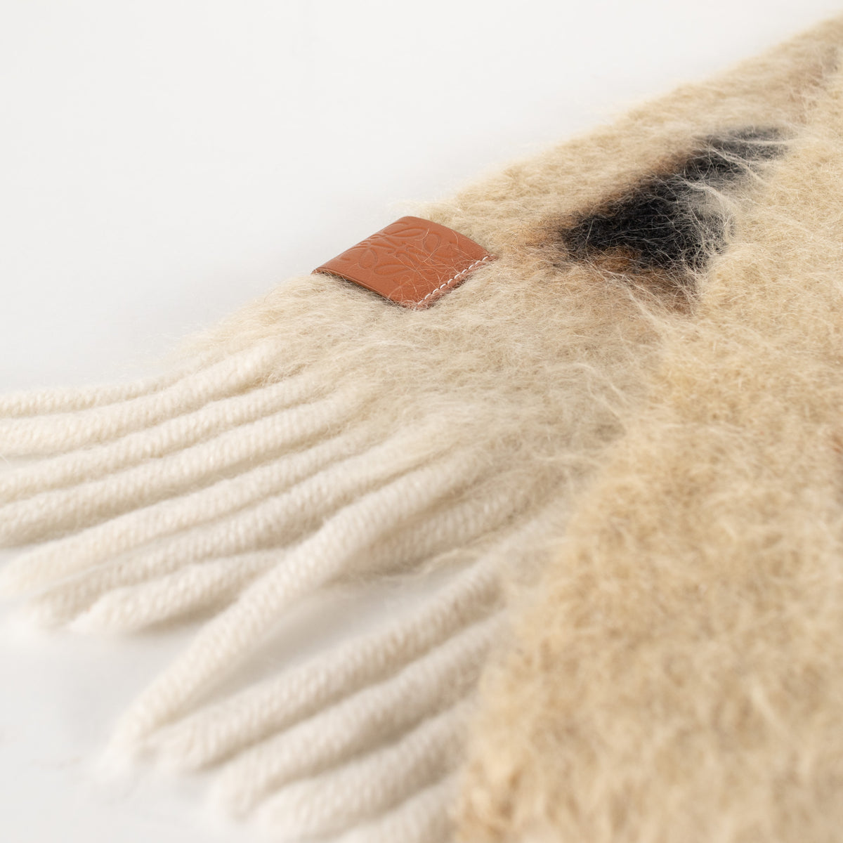 Loewe Fringed Mohair Mix Logo Print Brown Scarf