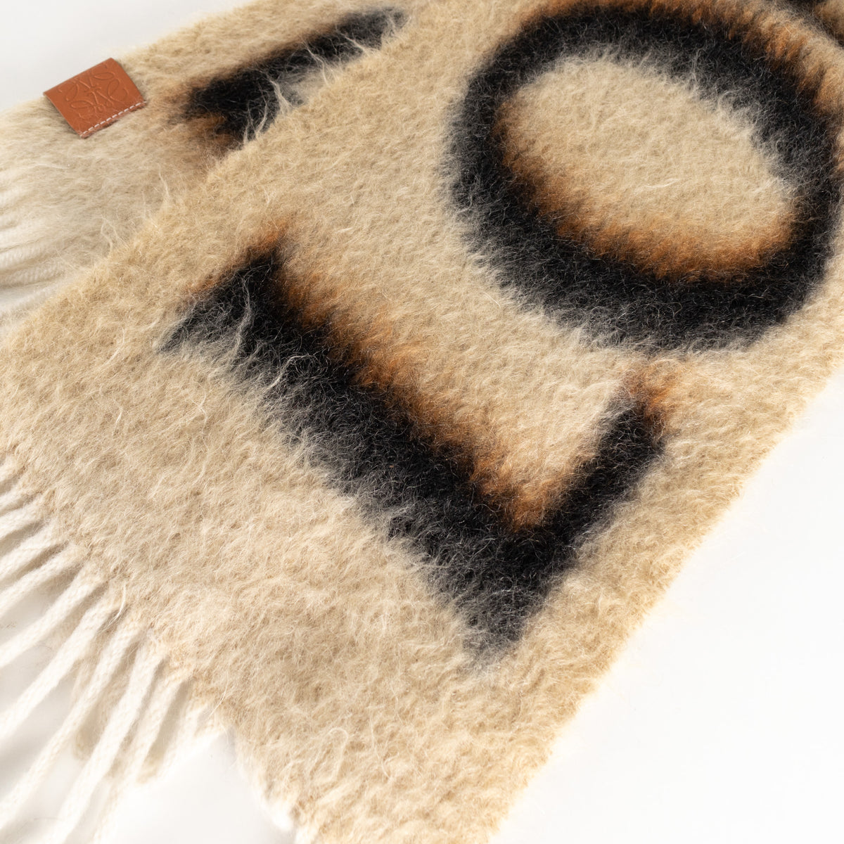Loewe Fringed Mohair Mix Logo Print Brown Scarf