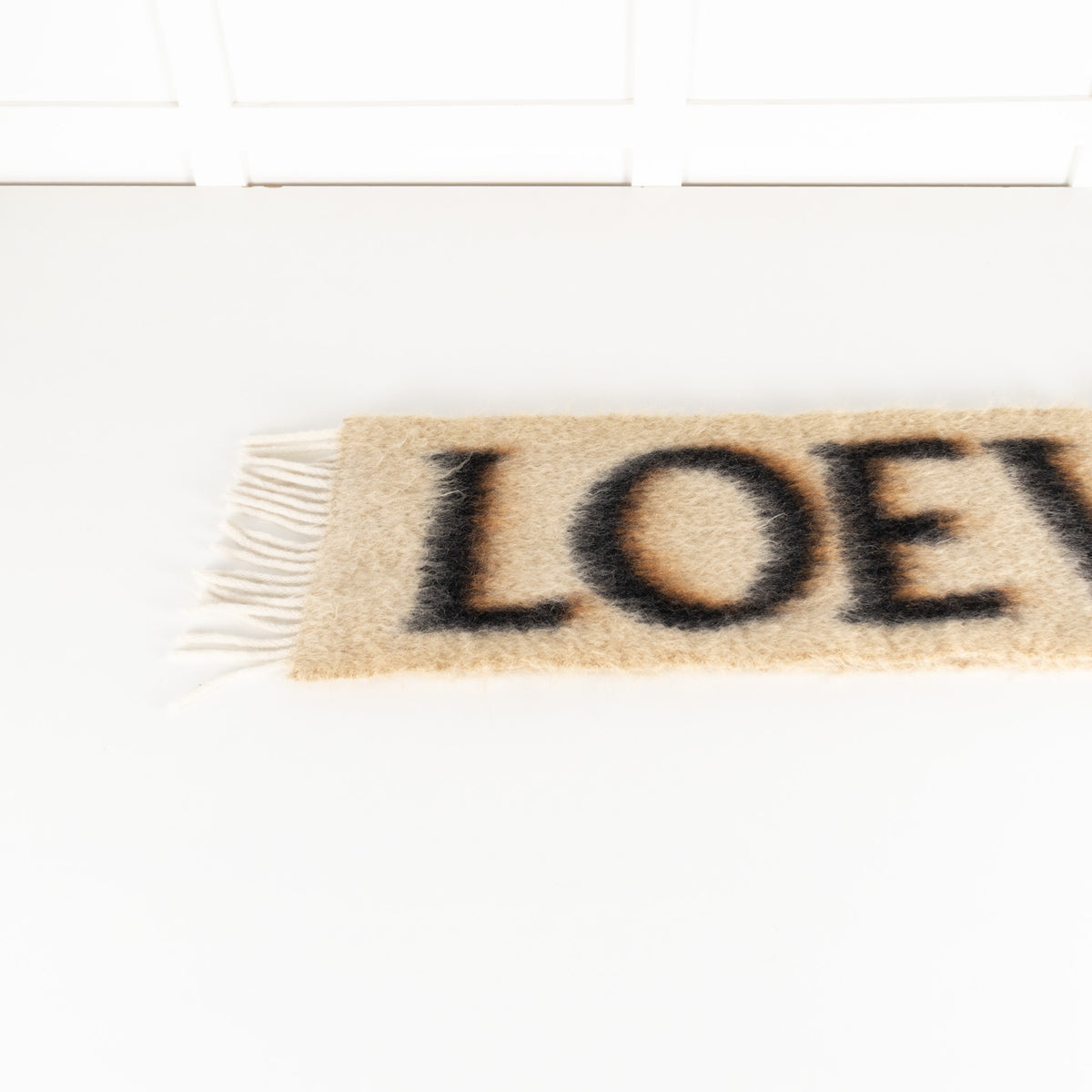 Loewe Fringed Mohair Mix Logo Print Brown Scarf