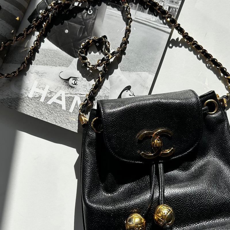 Chanel Black Caviar Leather Vintage Classic Flap Drawstring Crossbody Bag