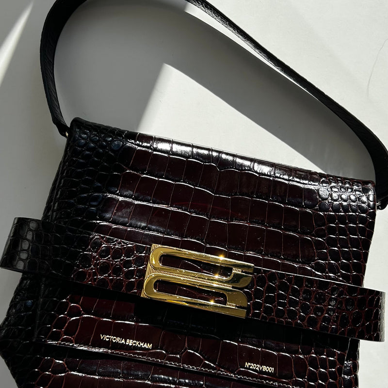 Victoria Beckham Brown Buckle Croc Embossed Bag