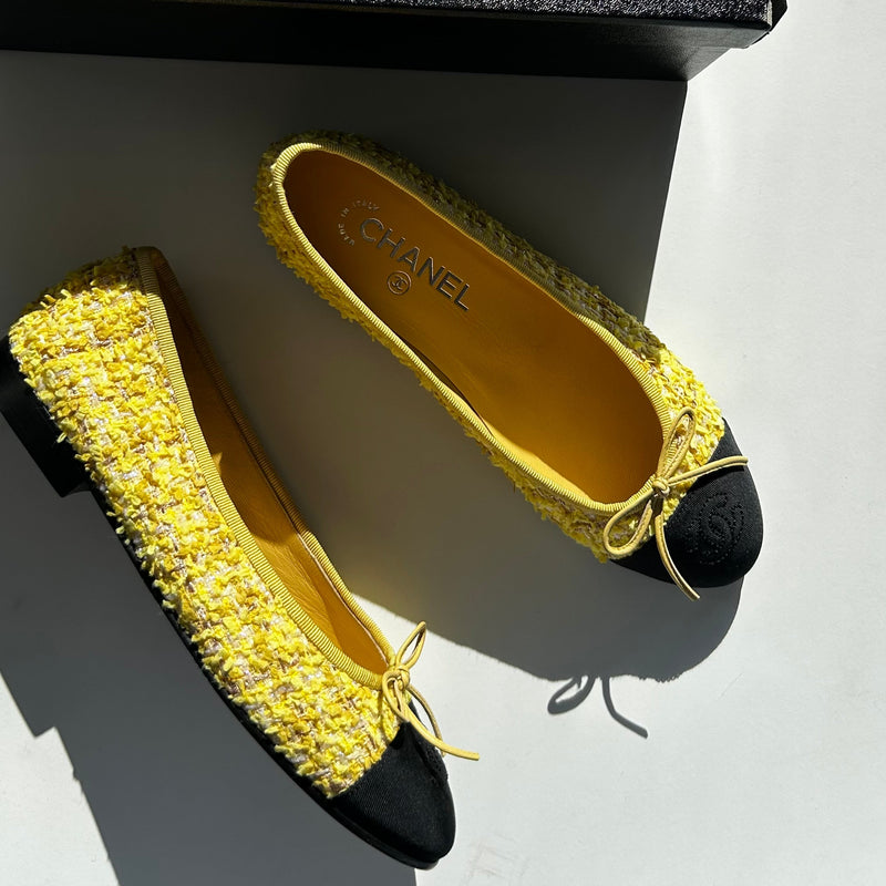 Chanel Yellow Tweedy Black Toe Ballerina Shoes