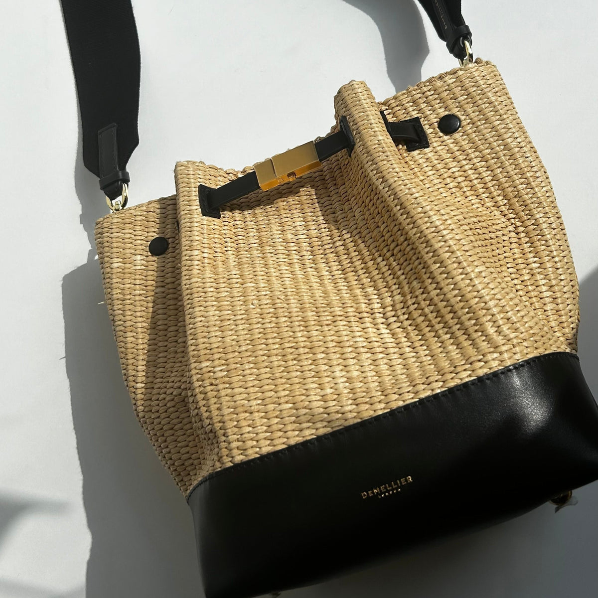 Demellier New York Raffia Leather Bucket Bag