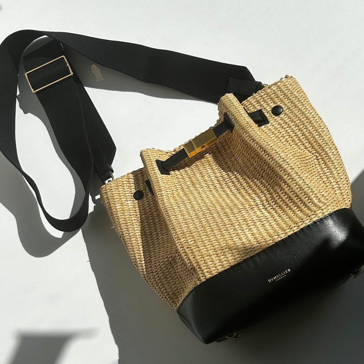 Demellier New York Raffia Leather Bucket Bag