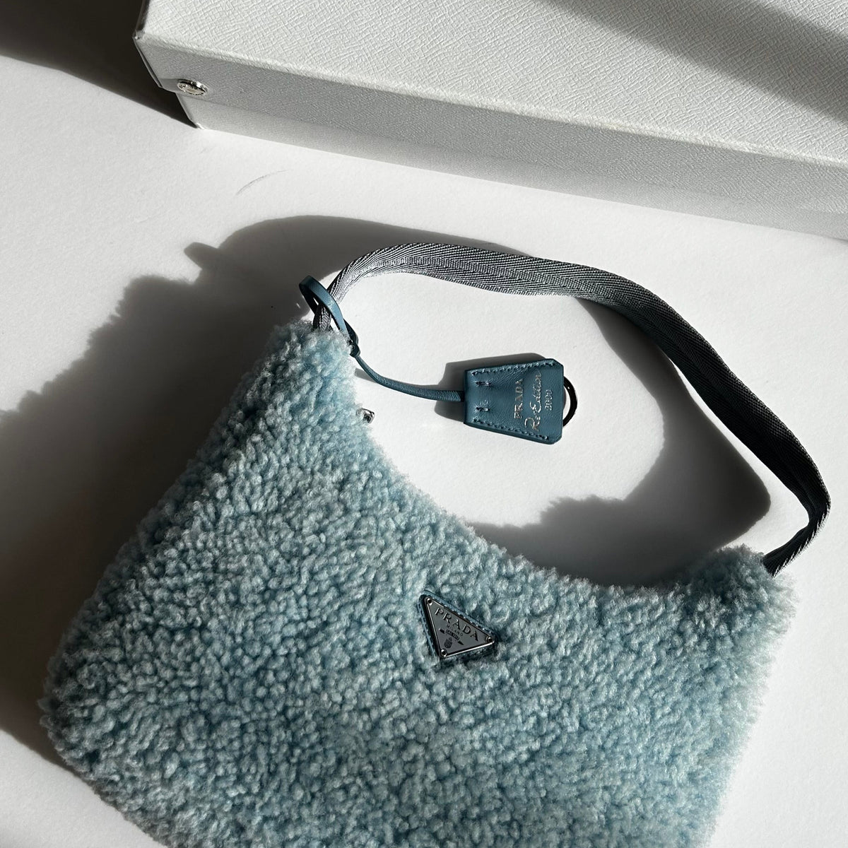 Prada Re-Edition Blue Shearling Shoulder Bag