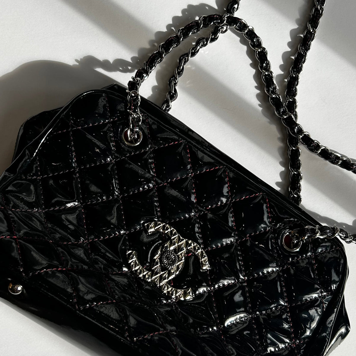 Chanel Black Patent Shopper with Red Stitching