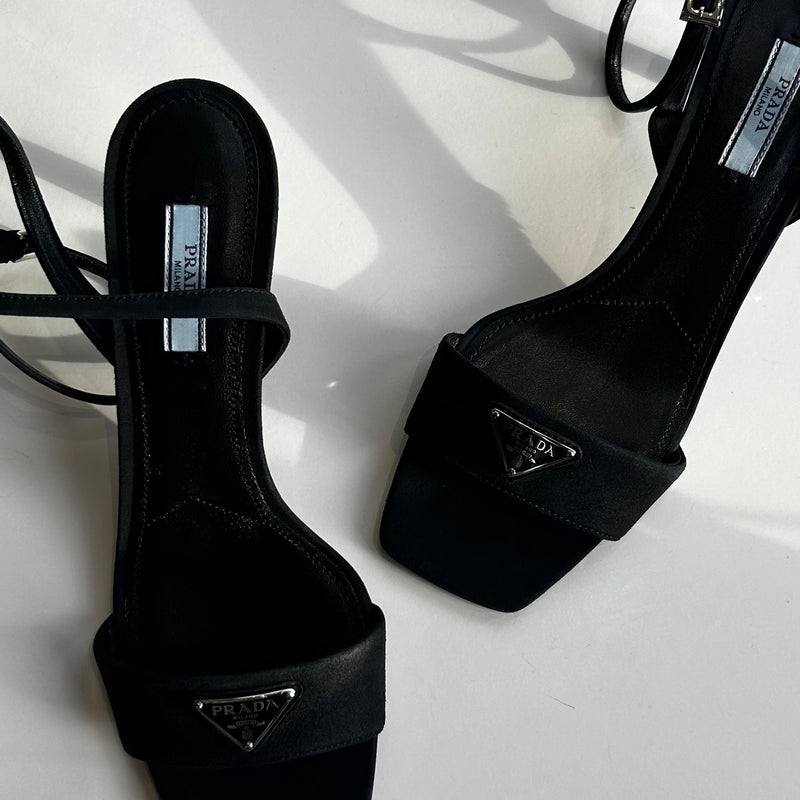 Prada Black Brushed Leather Mid Heel Sandals – Phoenix Style