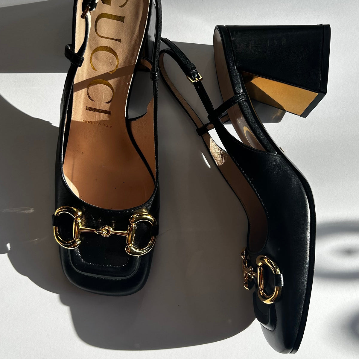 Gucci Black Leather Horsebit Heeled Slingbacks