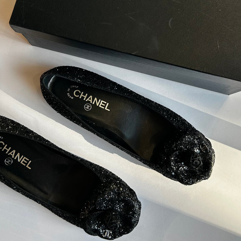 Chanel Black Glitter Camelia Flat Ballerinas