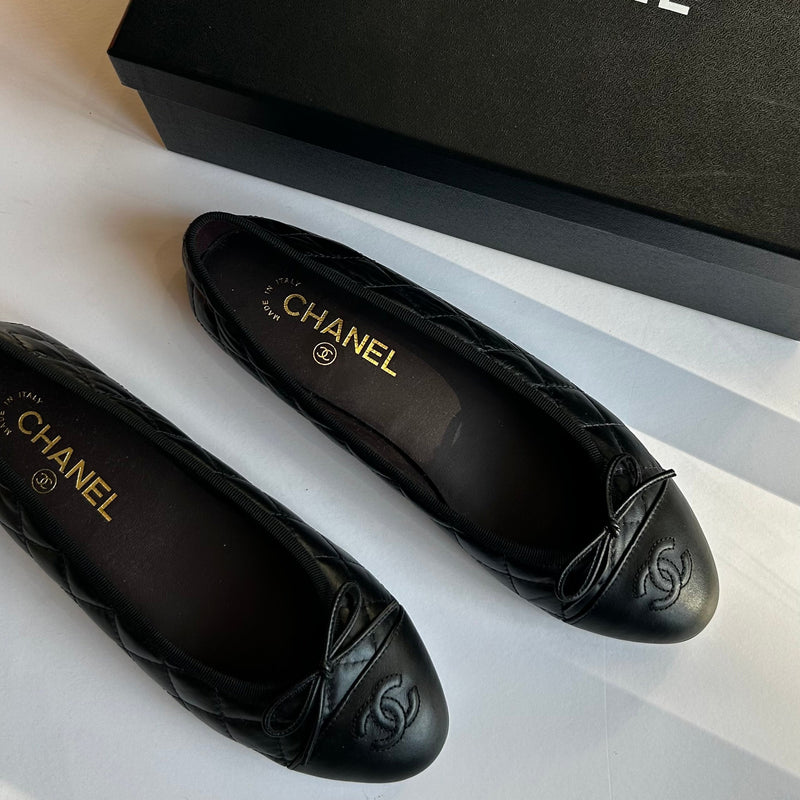 Chanel Black Quilted Lambskin Leather CC Top Flat Ballerinas