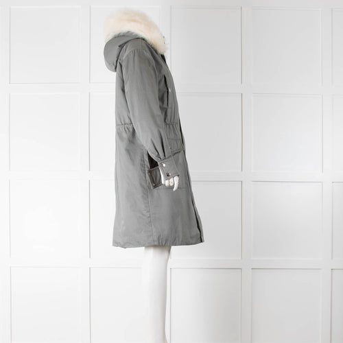 Maje Green Parka Jacket with White Faux Fur Collar and Sherpa Lining