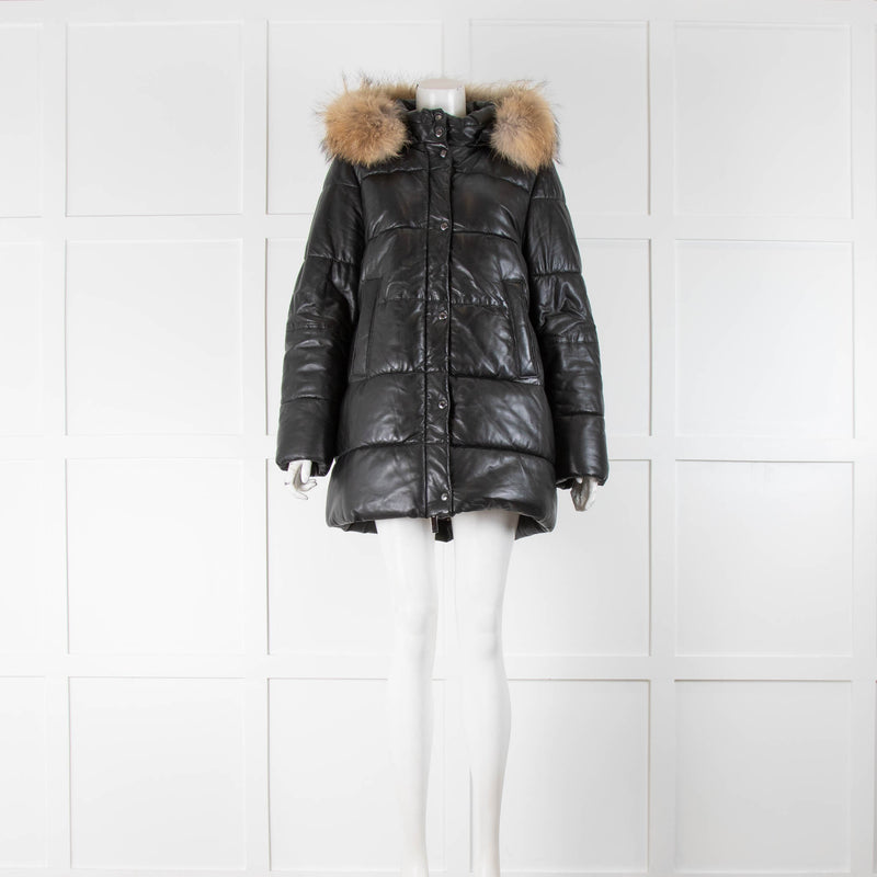 Oakwood Black Leather Puffer Jacket with Raccoon Trim Hood