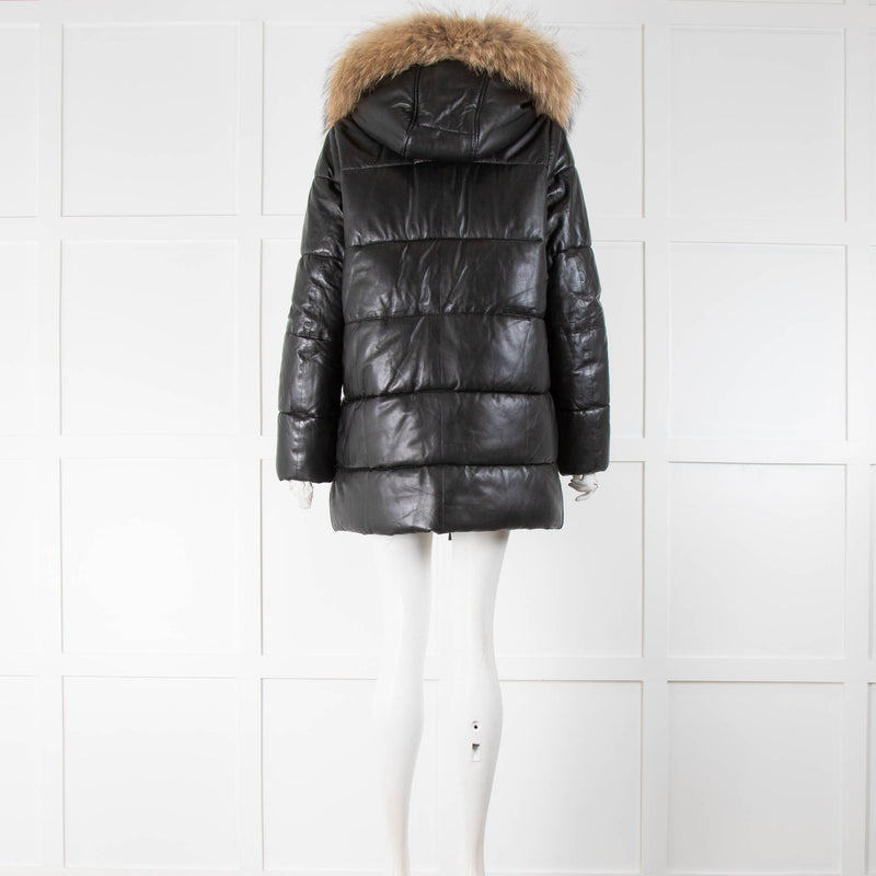 Oakwood Black Leather Puffer Jacket with Raccoon Trim Hood