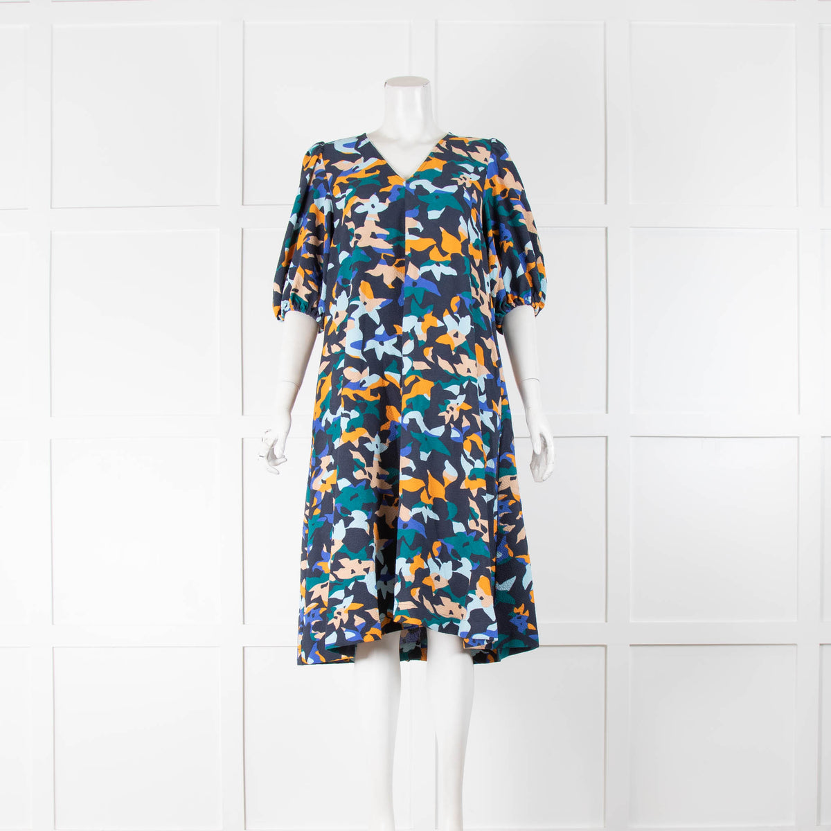 Stine Goya Navy Orange Print Puff Sleeve Dress