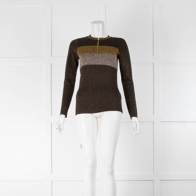 Sandro Black Gold Lurex Front Zip Long Sleeve Sweater