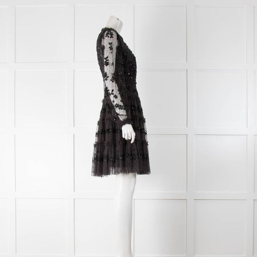 Needle Thread Dark Grey Net Sequin Long Sleeve Mini Dress