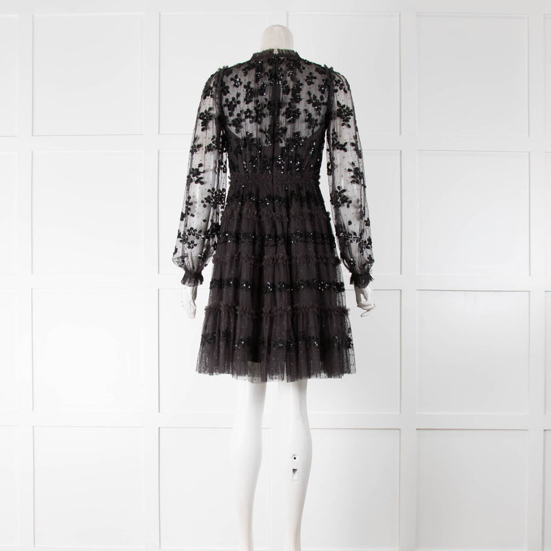 Needle Thread Dark Grey Net Sequin Long Sleeve Mini Dress