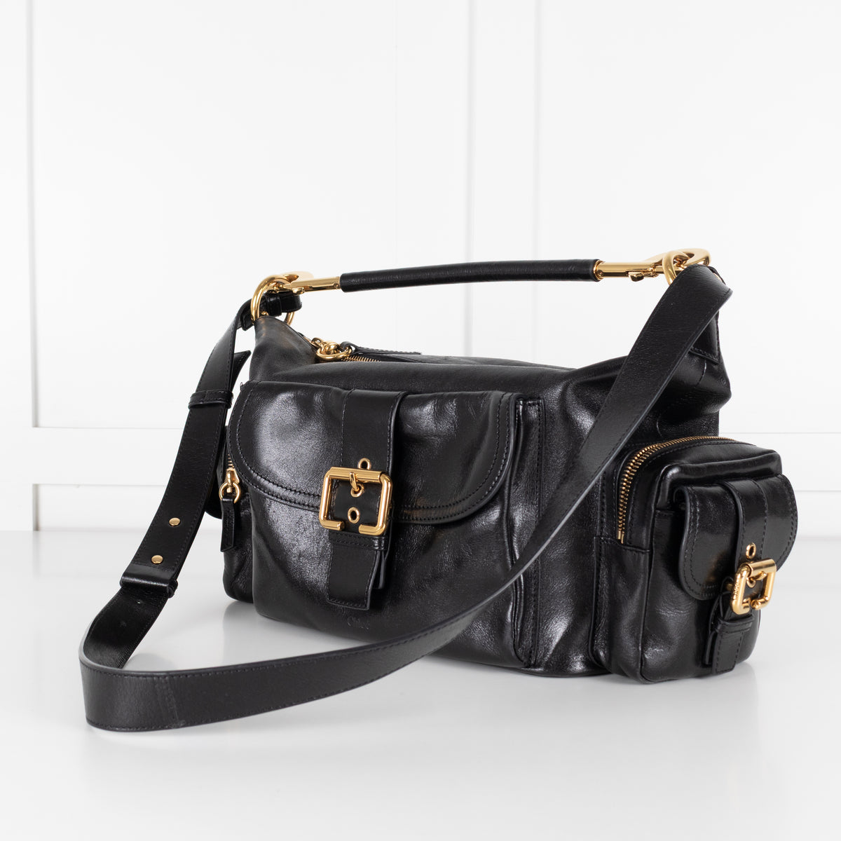 Chloe Black Shiny Leather Pockets Camera Bag