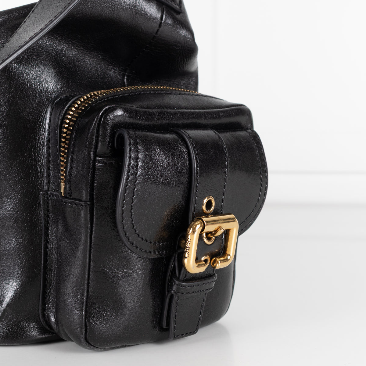 Chloe Black Shiny Leather Pockets Camera Bag