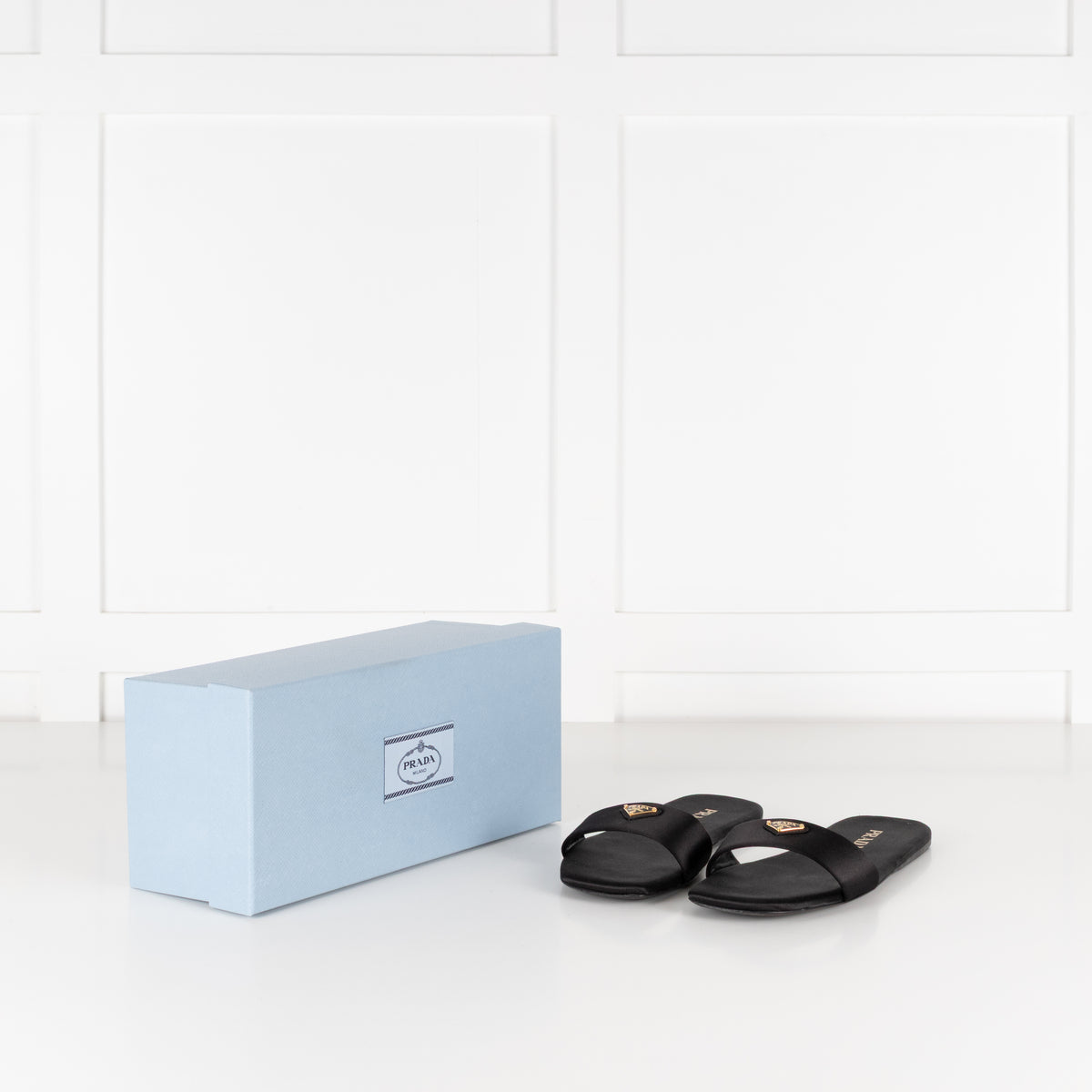 Prada Black Satin Logo Plaque Slip on Sandals