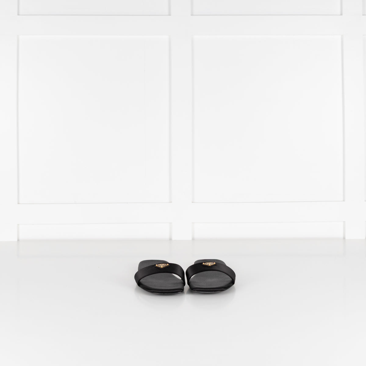 Prada Black Satin Logo Plaque Slip on Sandals