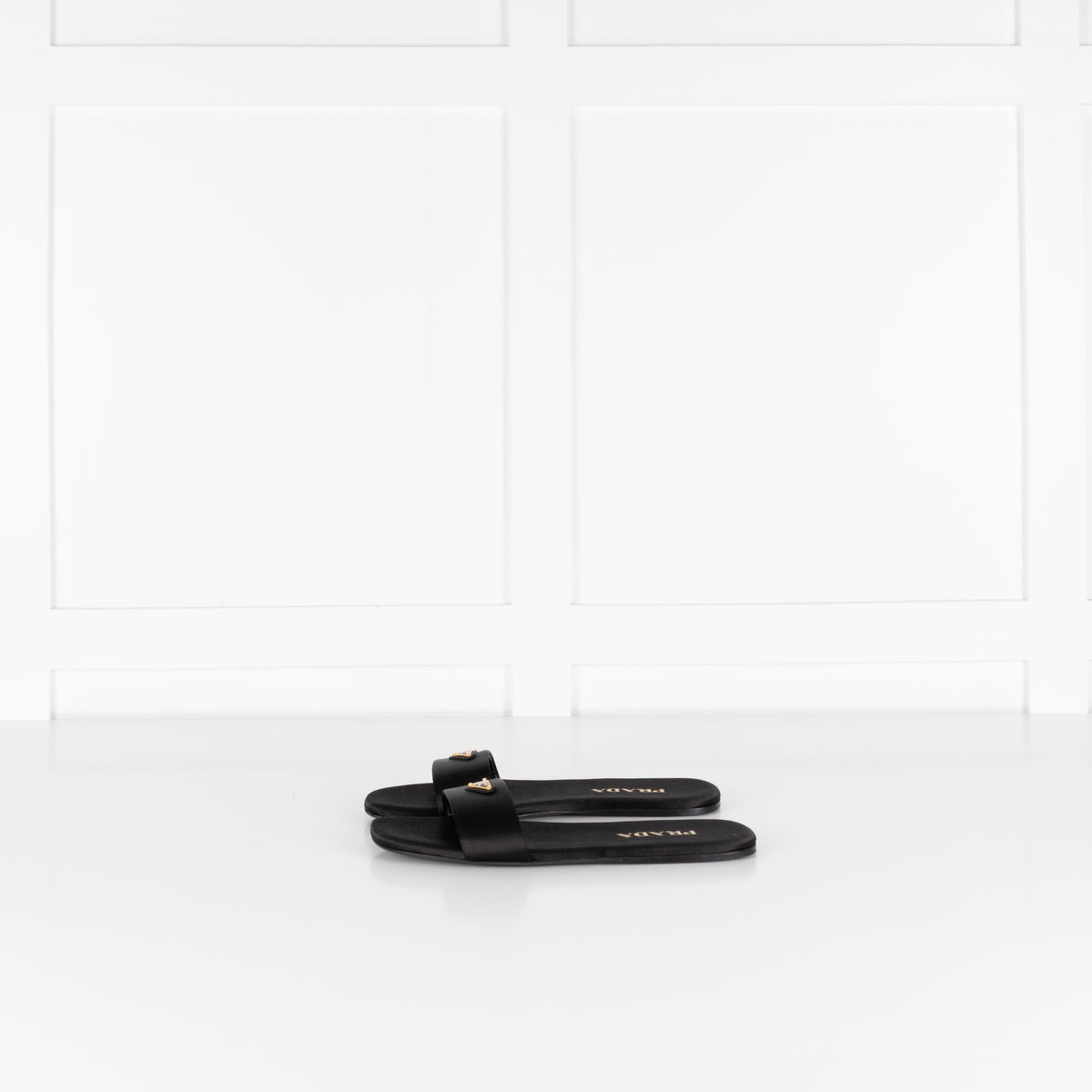 Prada Black Satin Logo Plaque Slip on Sandals
