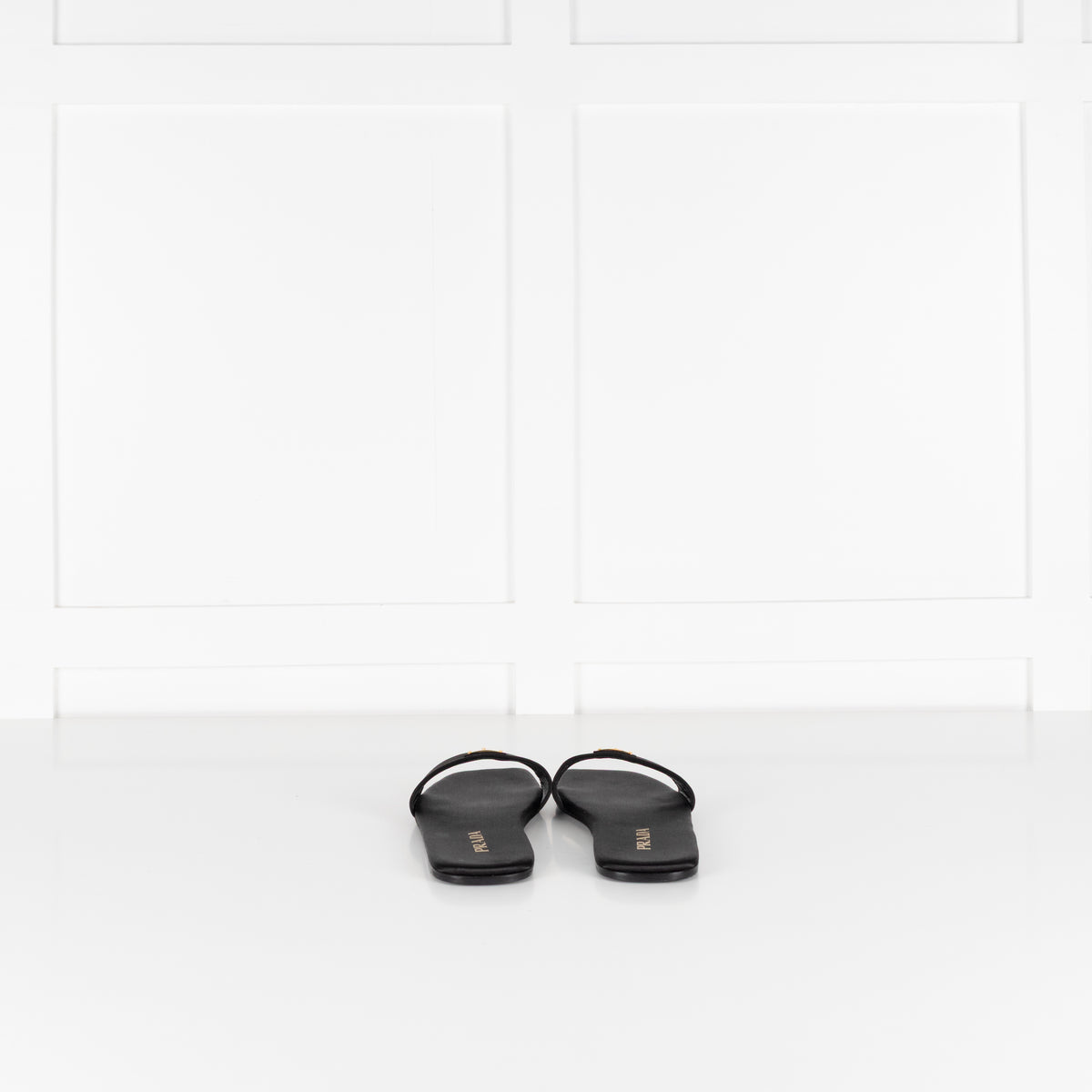 Prada Black Satin Logo Plaque Slip on Sandals