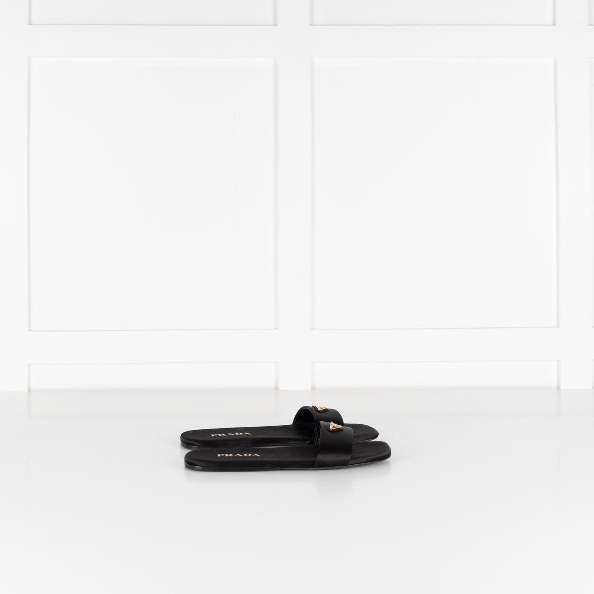 Prada Black Satin Logo Plaque Slip on Sandals