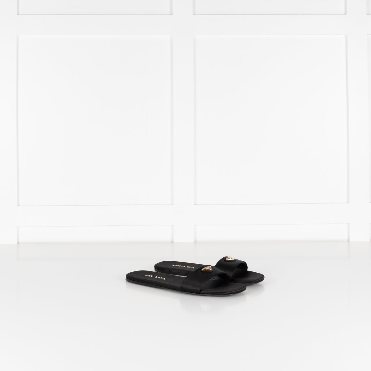 Prada Black Satin Logo Plaque Slip on Sandals