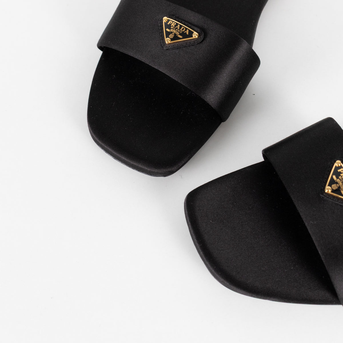 Prada Black Satin Logo Plaque Slip on Sandals