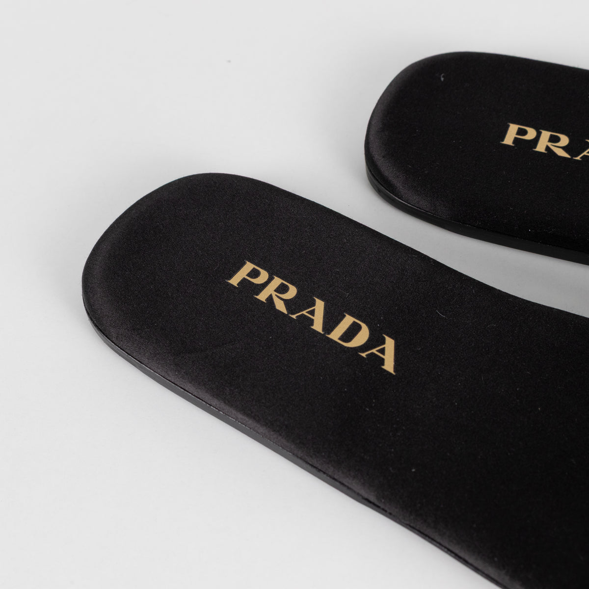 Prada Black Satin Logo Plaque Slip on Sandals