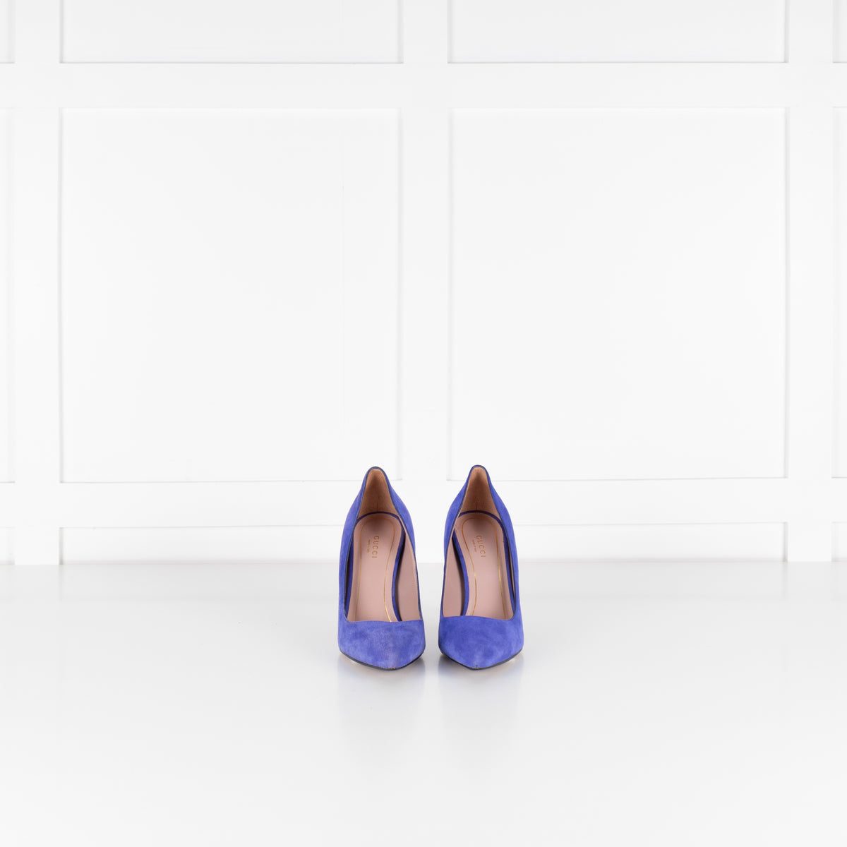 Gucci Blue Suede Pointed Toe Heels With Gold Horsebit Detail