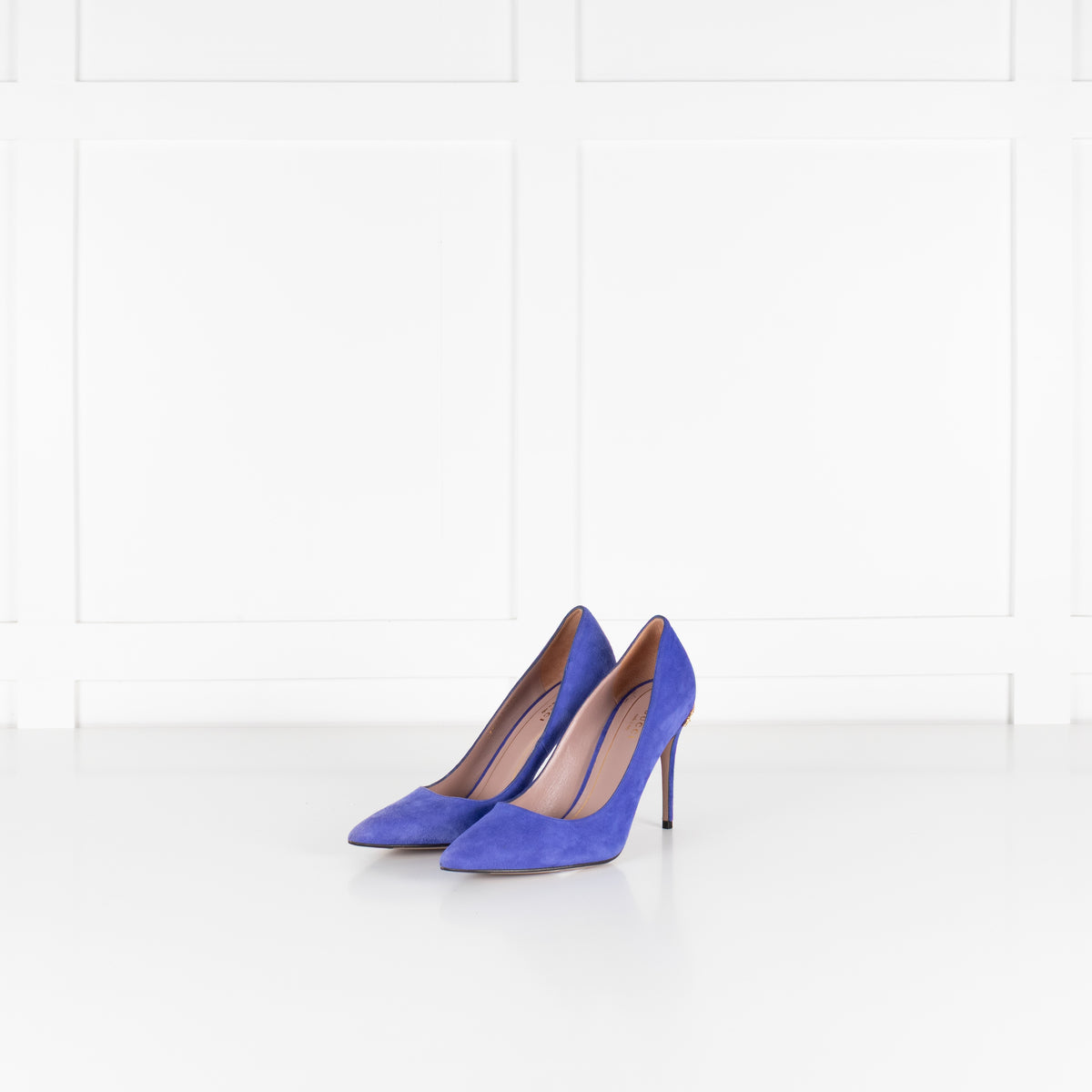 Gucci Blue Suede Pointed Toe Heels With Gold Horsebit Detail