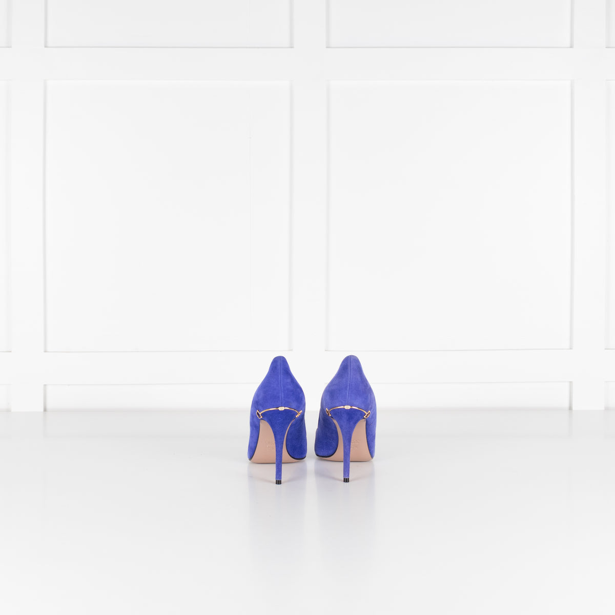 Gucci Blue Suede Pointed Toe Heels With Gold Horsebit Detail
