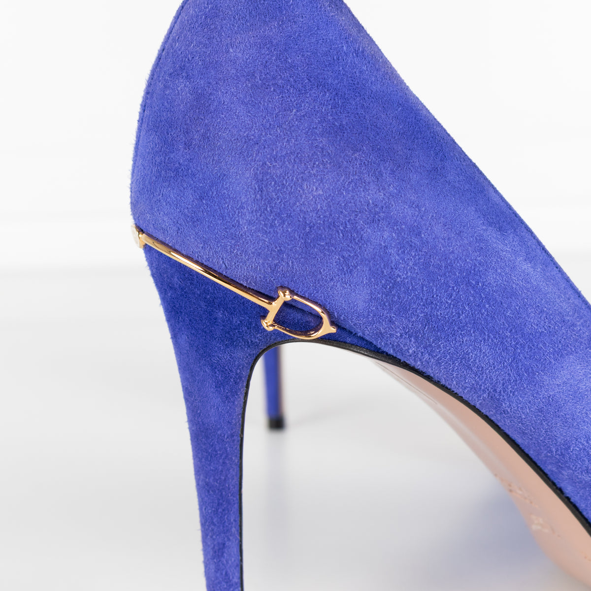 Gucci Blue Suede Pointed Toe Heels With Gold Horsebit Detail