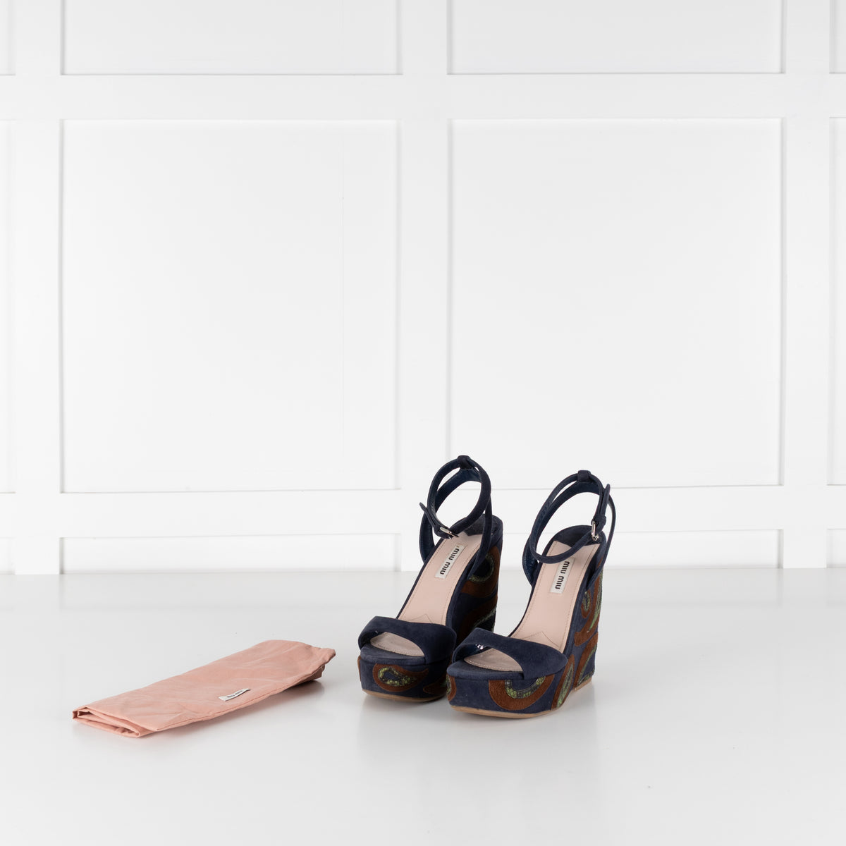 Miu Miu Blue Wedge Sandal With Green Paisley On Heel