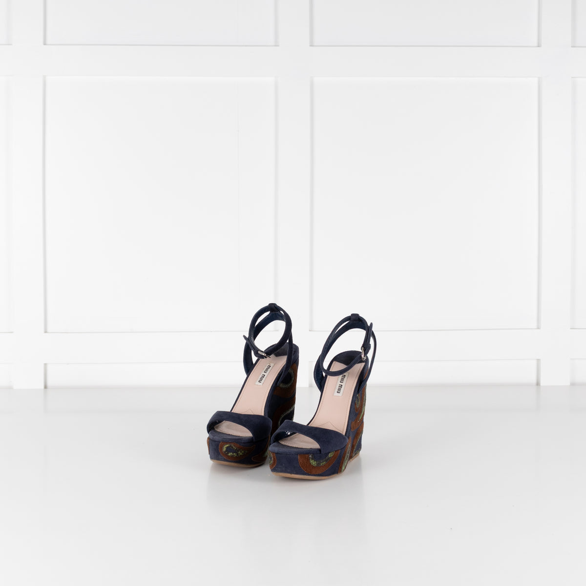 Miu Miu Blue Wedge Sandal With Green Paisley On Heel