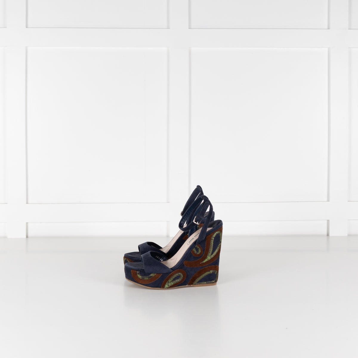 Miu Miu Blue Wedge Sandal With Green Paisley On Heel
