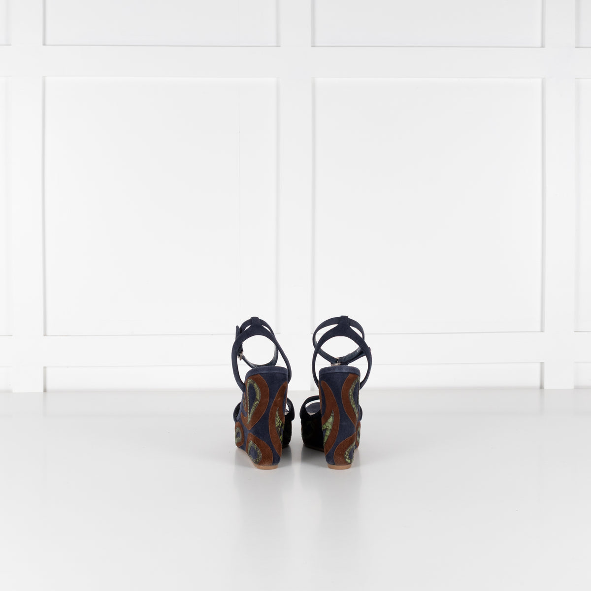 Miu Miu Blue Wedge Sandal With Green Paisley On Heel