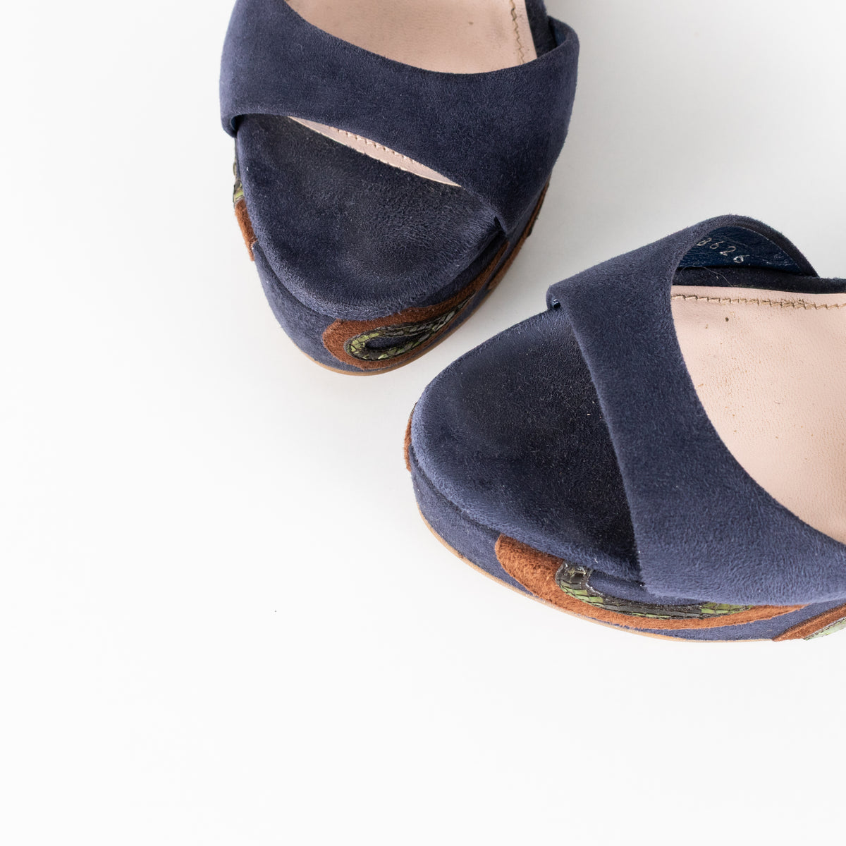 Miu Miu Blue Wedge Sandal With Green Paisley On Heel