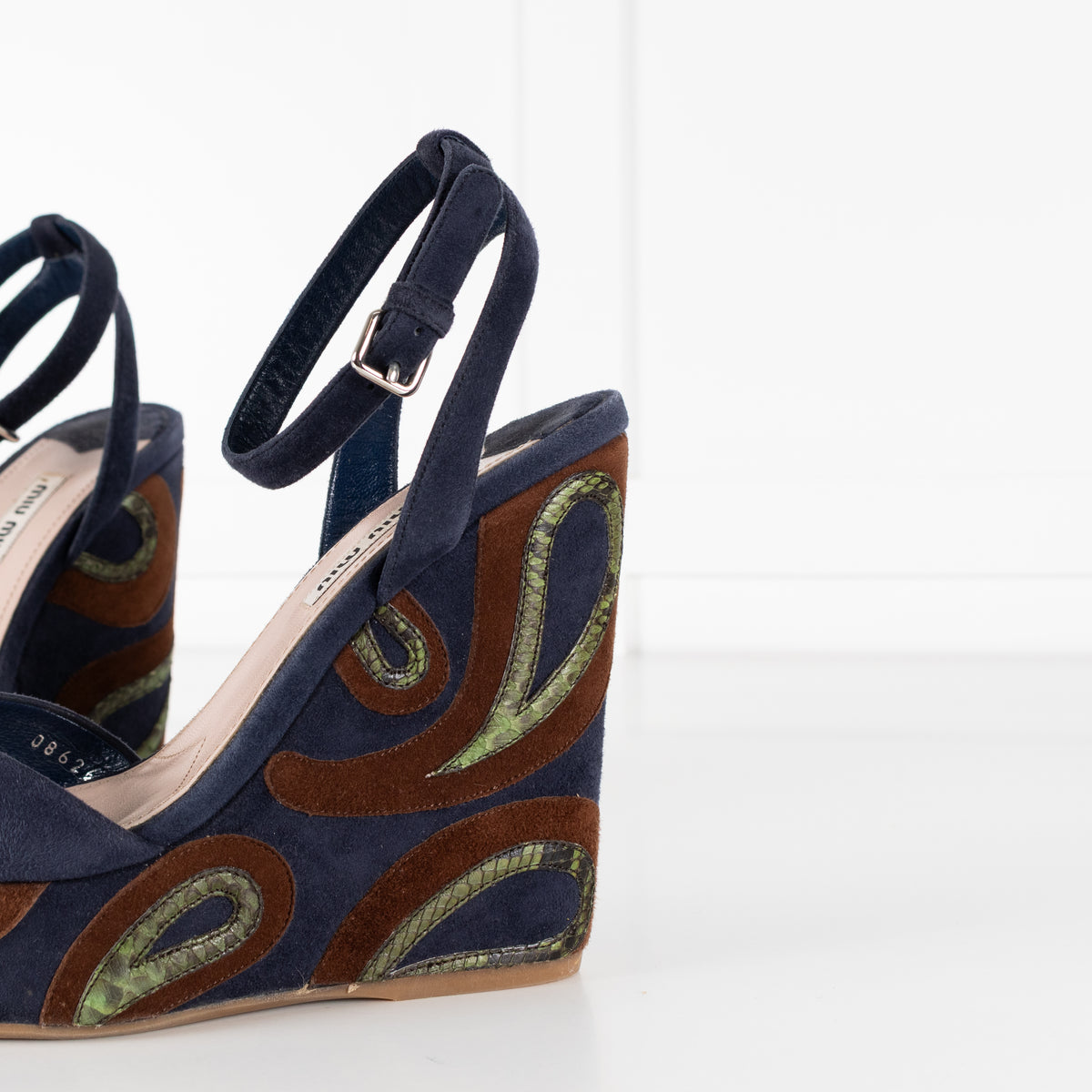 Miu Miu Blue Wedge Sandal With Green Paisley On Heel