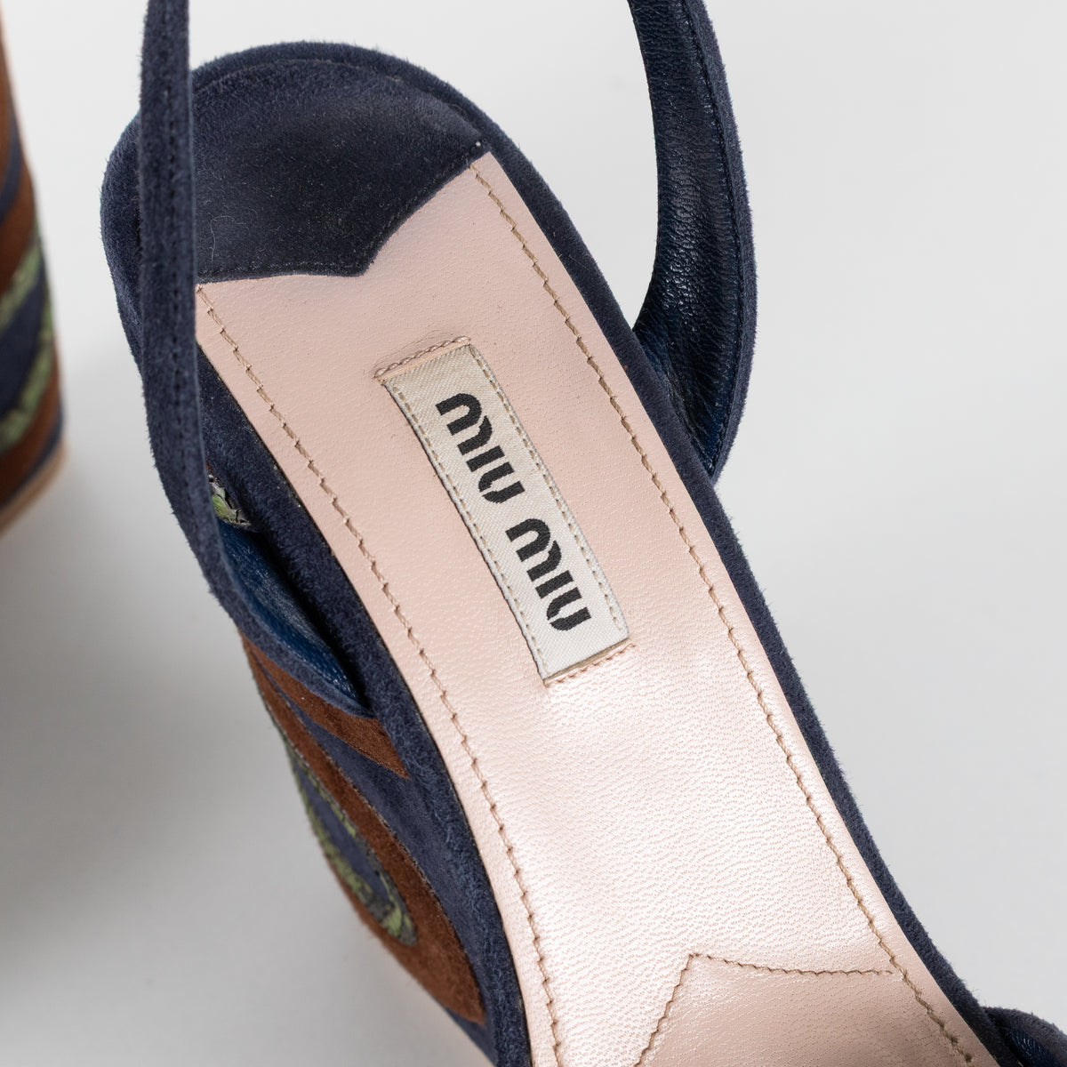 Miu Miu Blue Wedge Sandal With Green Paisley On Heel