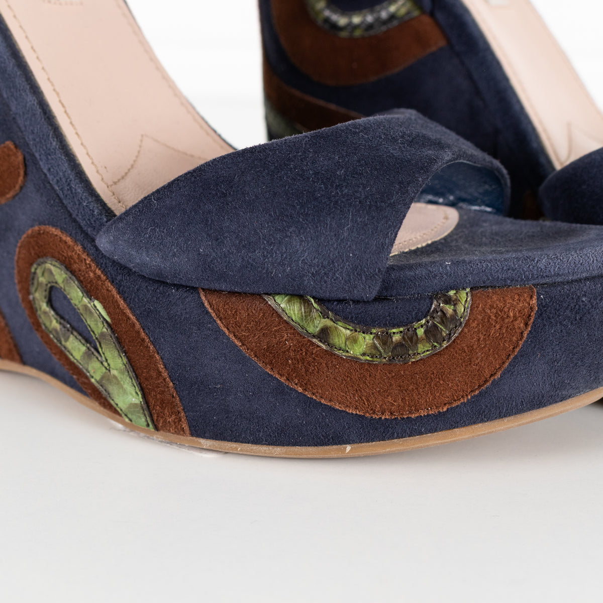 Miu Miu Blue Wedge Sandal With Green Paisley On Heel